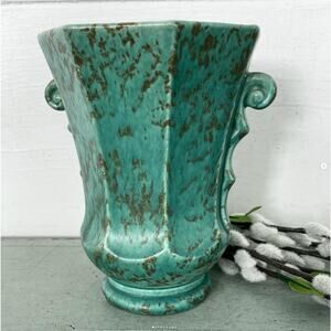 Vintage Rumrill 635 Vase Scrolls Green Teal Mottled Brown 1930s Art Deco Pottery